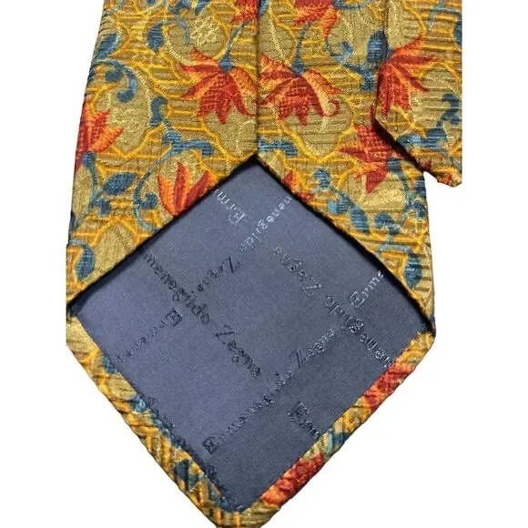 Ermenegildo Zegna Luxury Silk‎ Tie Vibrant Floral Pattern Gold Blue Red Z-101